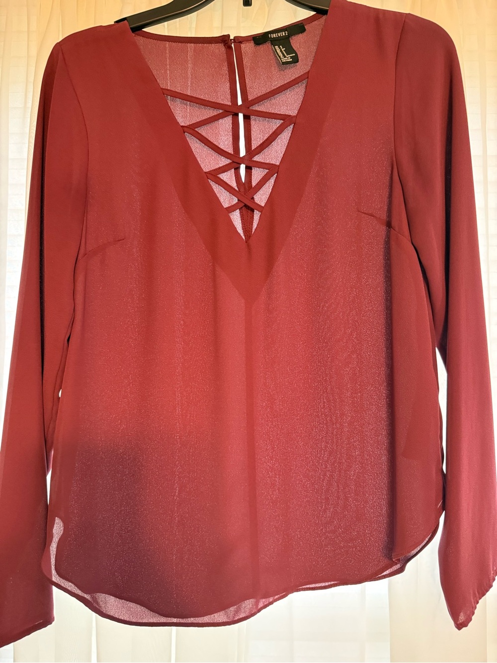 Forever 21 Burgundy Crisscross V-Neck Long Sleeve Top